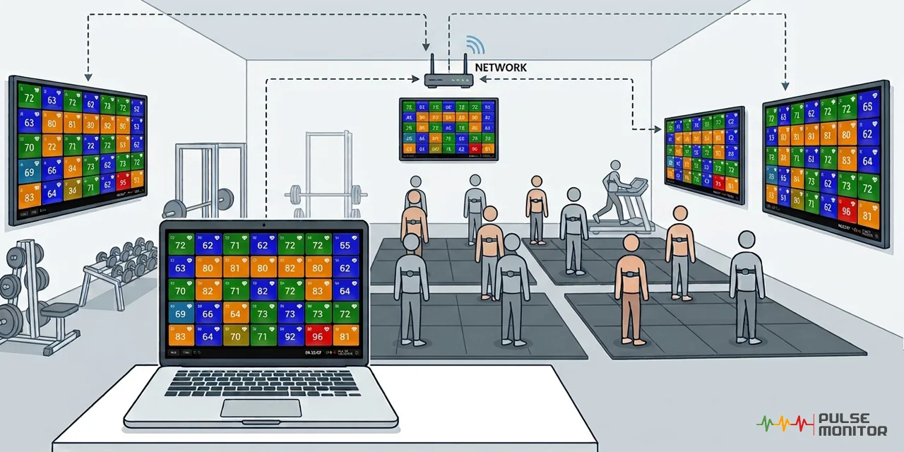Scheme: the computer running Pulse Monitor shares the live training data over the local network, and screens in the room show it