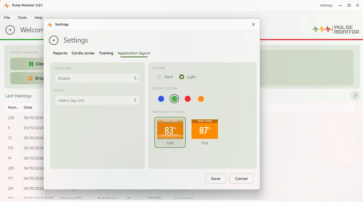 Application layout settings with theme, accent color and panel style