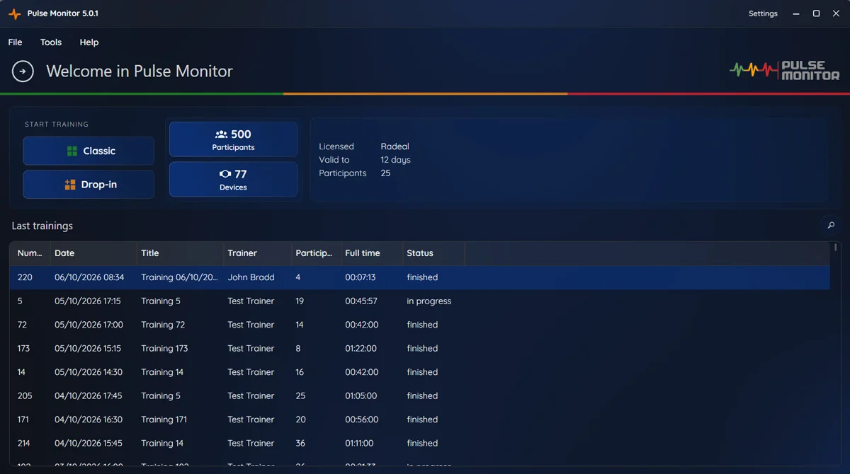 Pulse Monitor welcome screen with start buttons and the list of recent trainings