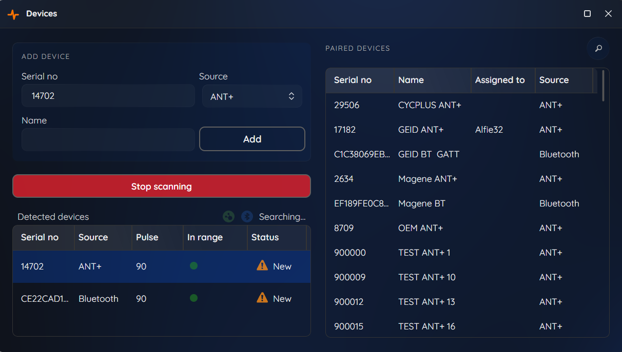 A detected device is clicked and copied into the form.