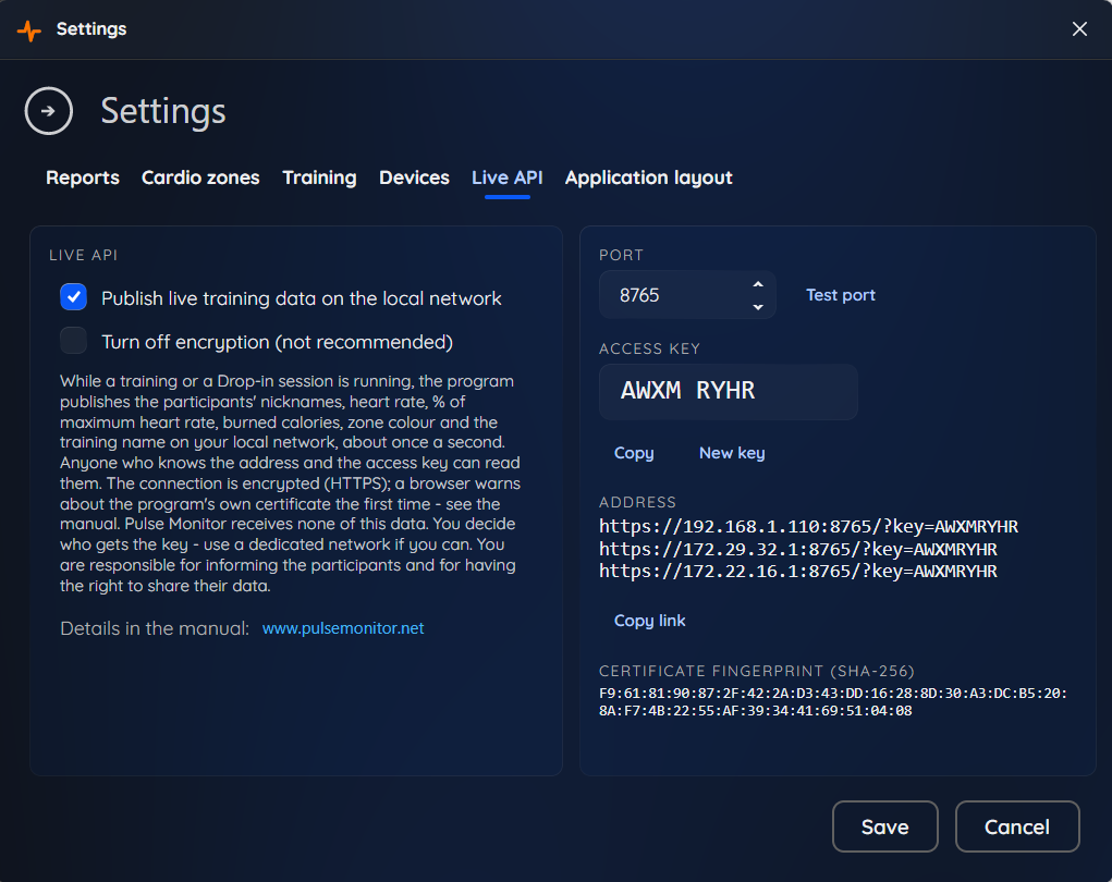 The Live API tab in the Settings.