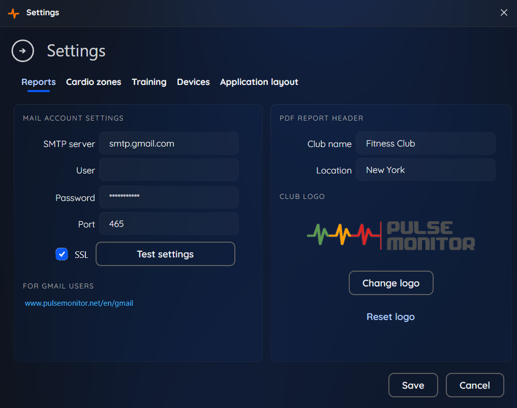 The Settings window and its five tabs.