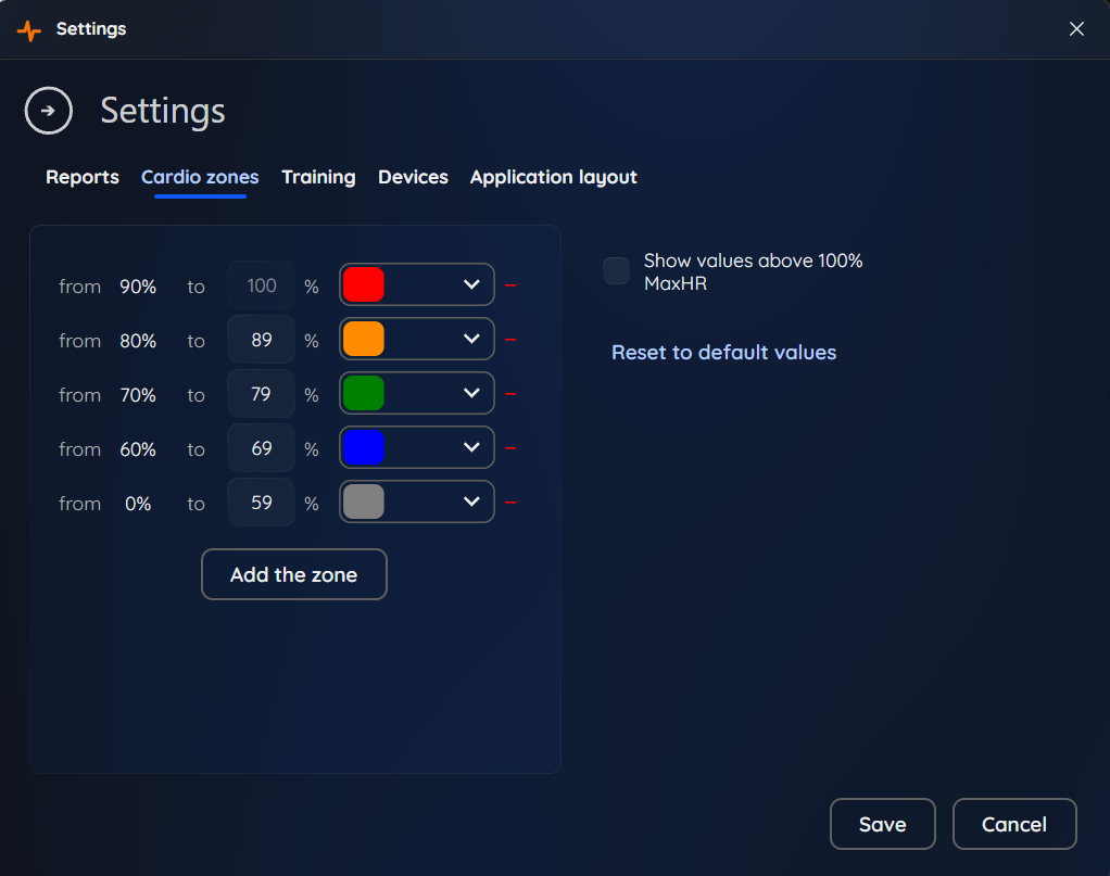 The cardio zones editor.